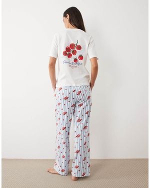 Threadbare Pyjama Set With Tomato Print And Striped Trousers - White