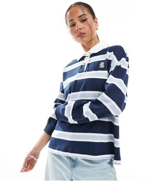 Hollister Long Sleeve Striped Polo Top With Bear Detail - Blue