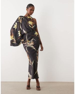 ASOS Asymmetric One Draped Sleeve Gathered Waist Maxi Dress - White