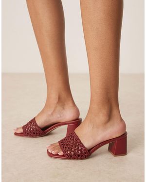 Asos Design Wide Fit Honeycomb Woven Detail Mid Heeled Mules - Brown