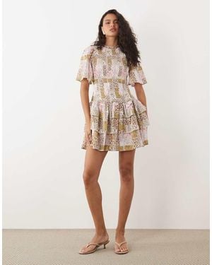 Y.A.S Shirred Bodice Tiered Ruffle Hem Mini Dress - Natural