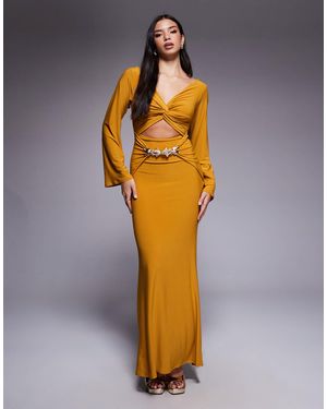 ASOS Long Sleeve Drape Front Maxi Dress With Gold Fish Trim - Metallic