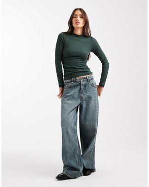 New Look Ribbed Stand Neck Long Sleeve Top - Green