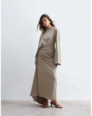 ARRANGE Satin Drape Long Sleeve Maxi Dress - Natural