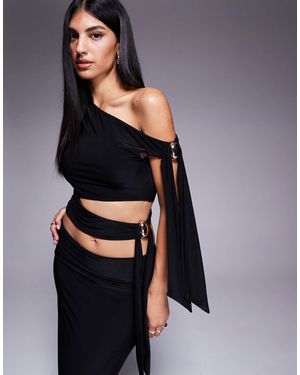 Fashionkilla Double Sculpted Slinky Metal Trim Tie Side Detail Top Co-ord - Gray