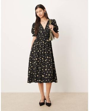 Nobody's Child V-neck Puff Sleeve Button Front Midi Dress - Natural