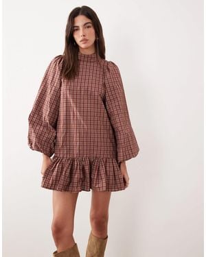 Ghospell High Neck Balloon Sleeve Ruffle Hem Mini Dress - Red