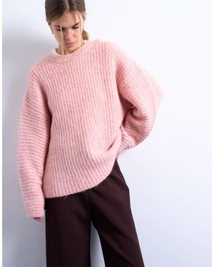TOPSHOP Pull en maille côtelée à manches ballon - Rose