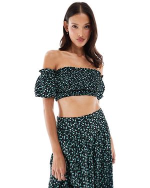 Wednesday's Girl Ditsy Floral Shirred Off-Shoulder Top Co-Ord - Black