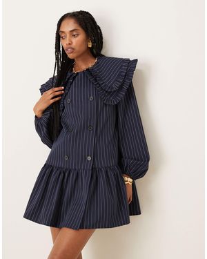 Neon Rose Pinstriped Double Collar Mini Smock Dress - Blue