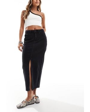 Vila High Waisted Denim Front Split Midi Skirt - Black