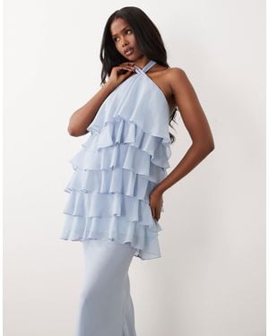 Wanderdoll Primrose Chiffon Halterneck Tiered Ruffle Detail Mini Dress - Blue