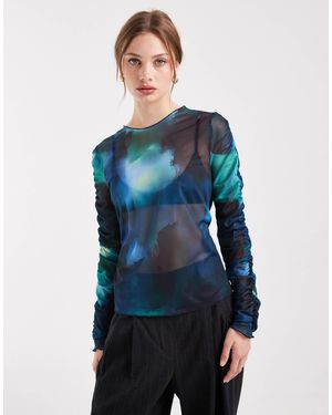 Object Ruched Sleeve Blurred Floral Top - Blue