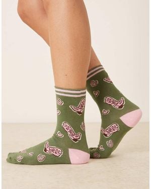Accessorize Calcetines Caquis Con Estampado De Botas De Vaquero De -Verde - Neutro