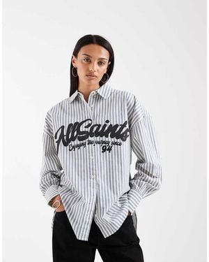 AllSaints Adrianne Button Down Stripe Logo Shirt - White