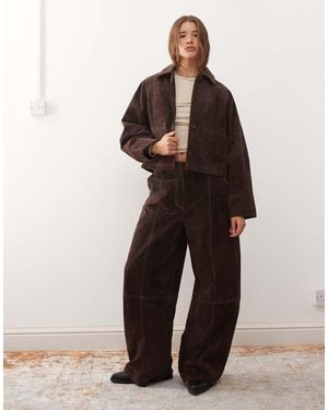 Reclaimed Vintage Real Suede Barrel Leg Trousers With Seam Detail - Brown