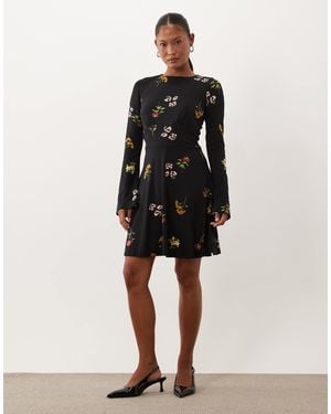 Nobody's Child Petite Stretch Slash Neck Fluted Sleeve Mini Skater Dress - Black