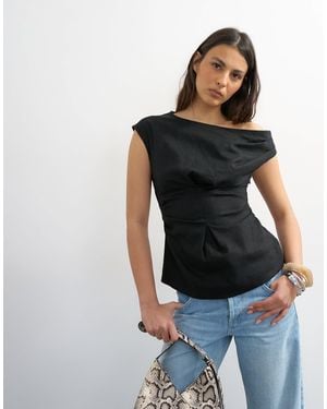 TOPSHOP Off The Shoulder Ruched Pleat Waist Top - Black
