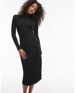 Mango Vestito Midi A Coste Accollato Con Maniche Lunghe - Nero