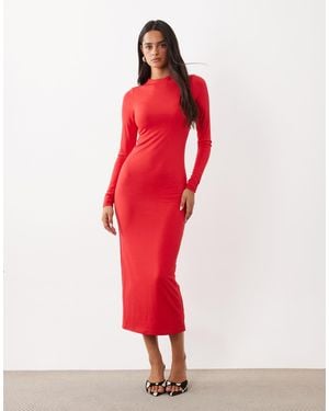 AFRM Robe midi en crêpe maille juniper à col montant et manches longues - Rouge