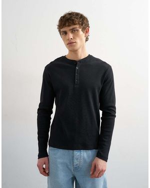 TOPMAN Classic Fit Rib Long Sleeve Henley T-Shirt - Blue