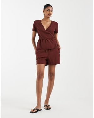 Vero Moda Linen Touch Short Sleeve Wrap Top Co-Ord - Red