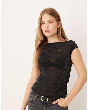 JJXX Asymmetric Glitter Sheer Top - Black