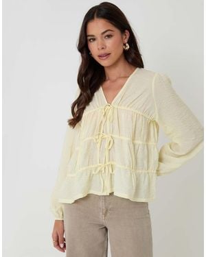 Threadbare Long Sleeve Tie Front Blouse - Natural