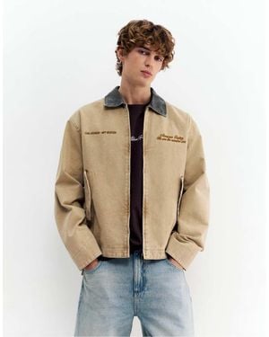 Pull&Bear Jacket With Contrast Embroidered Collar - Natural