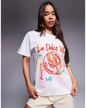 Kaiia Exclusive Cotton La Dolce Vita Lobster Graphic Oversized T-Shirt - White