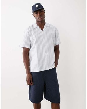 SELECTED Linen Blend Short Wide Stripe Sleeve Shirt - White