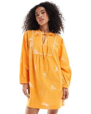 Native Youth Embroidered Puff Sleeve Mini Smock Dress - Orange