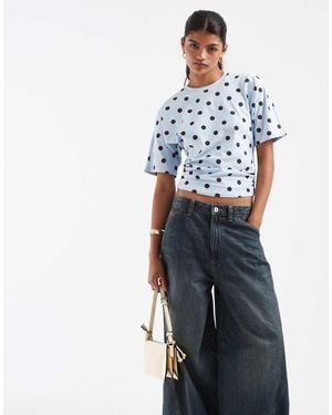 Pieces Ruched Waist Polka Dot Jersey Top - Blue