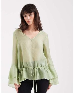 Aware Flared Sleeve V-Neck Top - Green