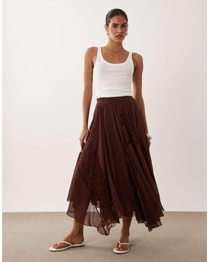 Miss Selfridge Chiffon Lace Mix Hanky Hem Maxi Skirt - Brown