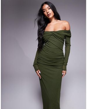 ASOS Textured Mesh Bardot Twist Front Midi Dress - Green