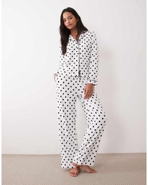 Threadbare Conjunto De Pijama Abotonado Ultrasuave En Con Lunares Negros - Blanco