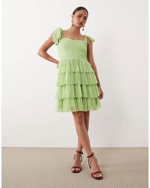 LACE & BEADS Ophelia Tie Sleeve Ruched Tiered Mini Dress - Green