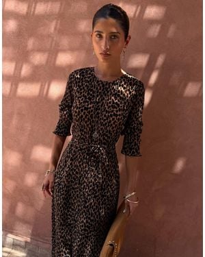 Never Fully Dressed Gaia Plisse Short Sleeve Tie Detail Maxi Dress - Brown