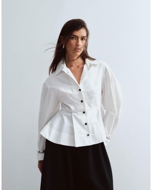 ARRANGE Structured Collared Peplum Shirt With Contrast Buttons - White
