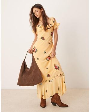Free People Floral Embroidered Puff Sleeve Maxi Dress - Natural