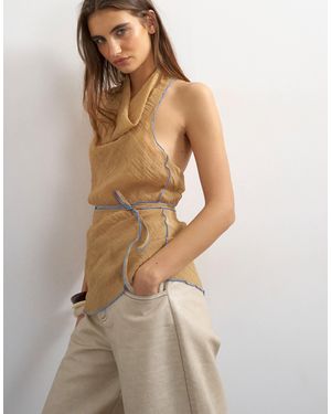 TOPSHOP Crinkle Halter Top With Contrast Trim - Natural