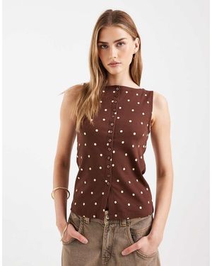 New Look Boat Neck Polka Dot Button Through Tank - Brown
