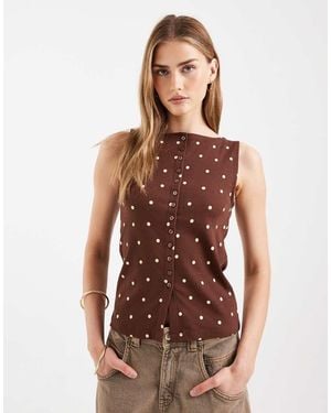 New Look Boat Neck Polka Dot Button Through Tank - Brown