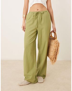 Vila Linen Touch Tie Waist Wide Leg Trouser - Green