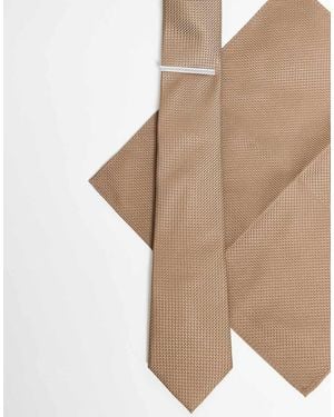 ASOS Set De Corbata Con Alfiler Y Pañuelo De Bolsillo De Satén Texturizado De - Neutro