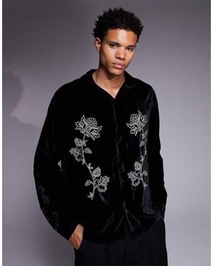 ASOS Relaxed Velvet Shirt With Floral Embroidery - Black