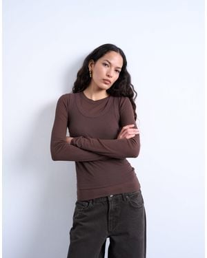 TOPSHOP Premium Sheer Ribbed Double Layer Long Sleeve Top - Brown