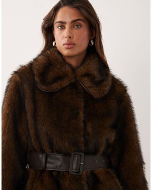Miss Selfridge Collar Belted Mid Length Faux Fur Coat - Brown