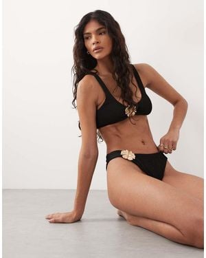 The Frolic Exclusive Crinkle Metal Flower Trim High Leg Brazilian Bikini Bottom - Black